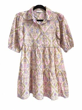 Olivaceous Floral Puff Sleeve Mini Dress Size M Lined 100% Cotton Cottagecore